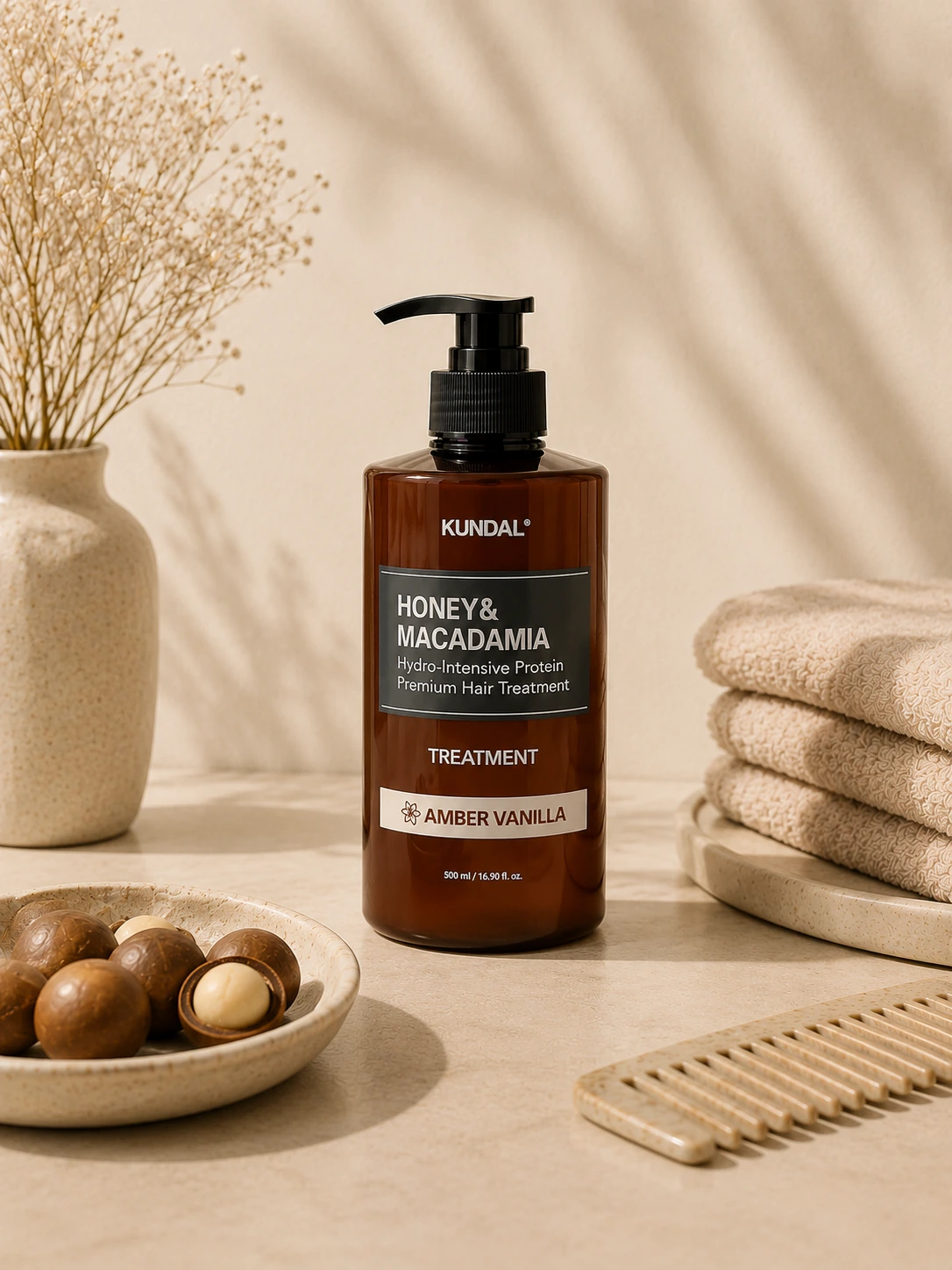 KUNDAL Honey & Macadamia Nature Shampoo Amber Vanilla, șampon hidratant cu miere și macadamia, 500 ml