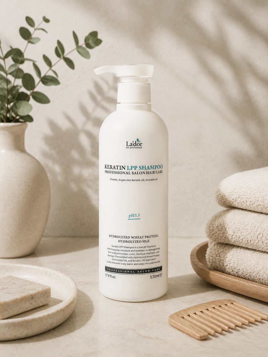 LA'DOR Keratin LPP Shampoo, șampon cu keratină și proteine pentru păr uscat și deteriorat, 530 ml