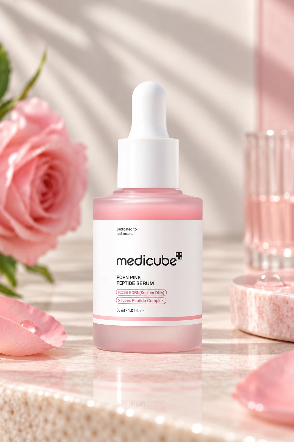 medicube PDRN Pink Peptide Serum, ser facial cu Rose PDRN, 5 tipuri de peptide și niacinamidă, 30 ml